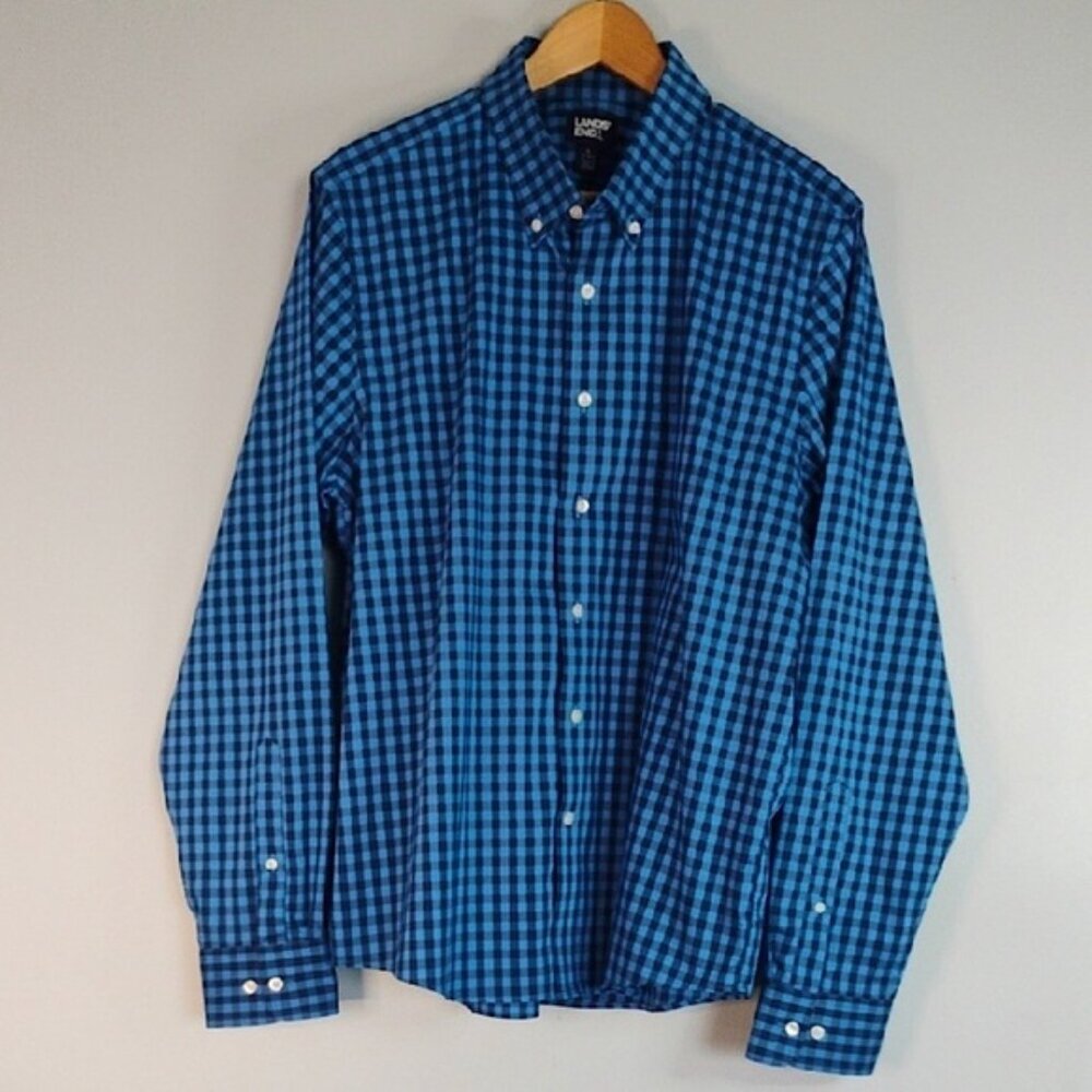 Lands' End Men's Royal Navy Blue Plaid Button-down Shirt Size L